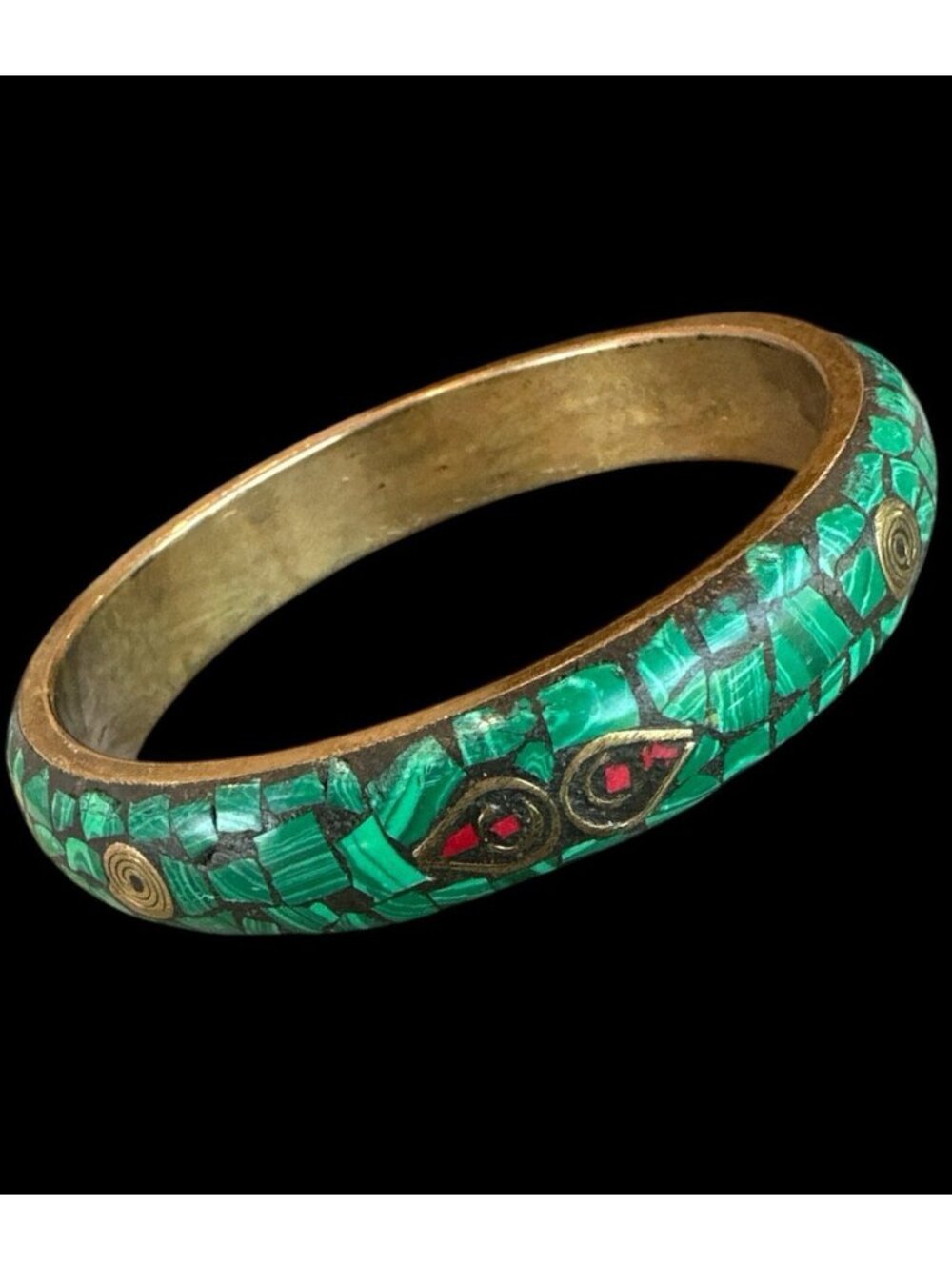 Vintage Tibetan Malachite Coral Inlay Mosiac Bangle Brass Bracelet